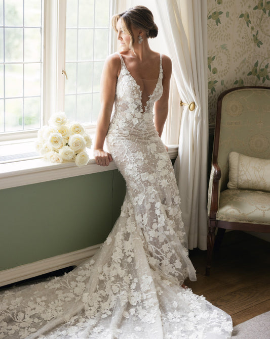 C2023-F351 - beaded lace embroidery v-neck wedding gown