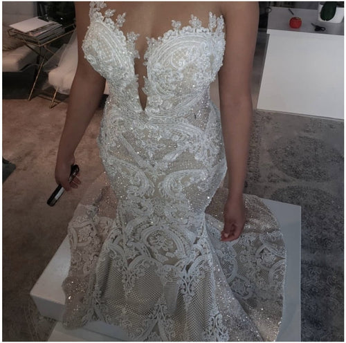 C2023-SF399 - strapless beaded fit-to-flare wedding gown with detachable satin train