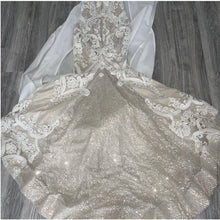 C2023-SF399 - strapless beaded fit-to-flare wedding gown with detachable satin train