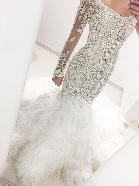 C2023-LS819 - embroidered scoop neck sheer long sleeve wedding gown