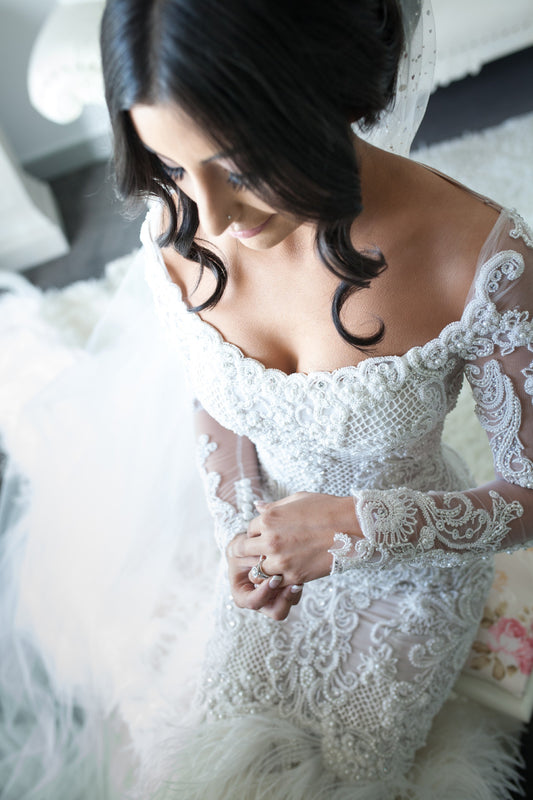 C2023-LS819 - embroidered scoop neck sheer long sleeve wedding gown