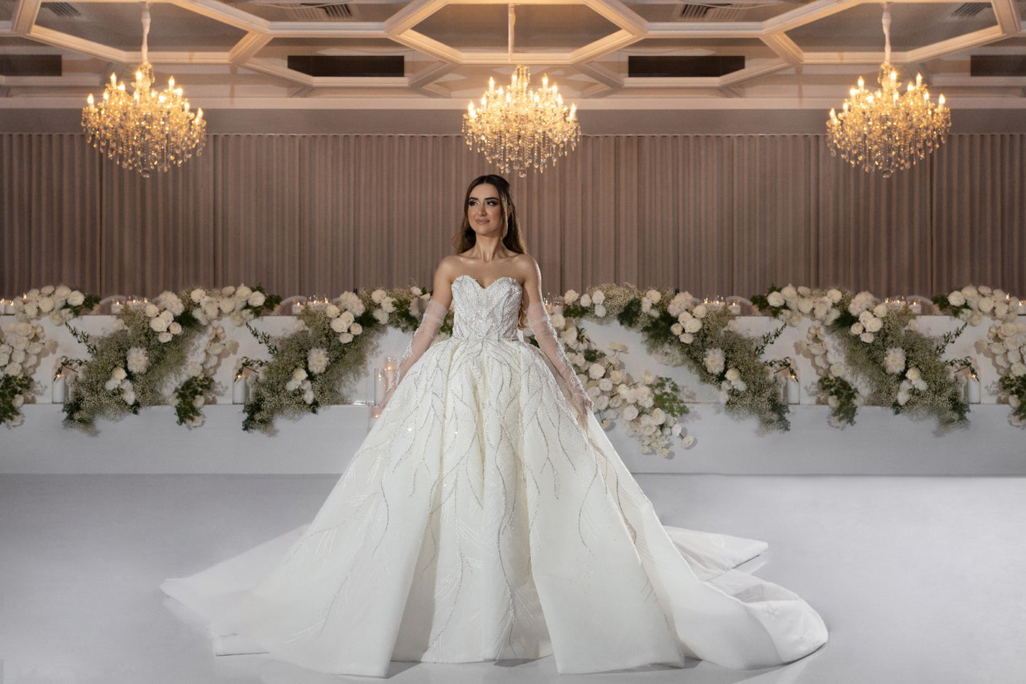 C2023-BG71Y -  beaded formal ball gown wedding dress w sheer detachable sleeve