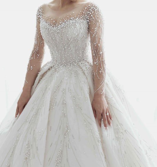 C2023-BG642 - Crystal beaded wedding ball gown w/ long sleeve illusion neckline