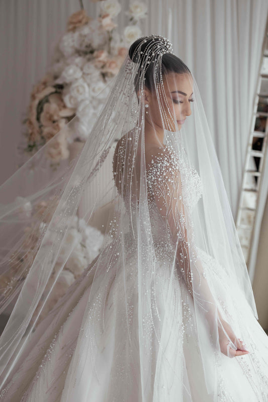 C2023-BG642 - Crystal beaded wedding ball gown w/ long sleeve illusion neckline