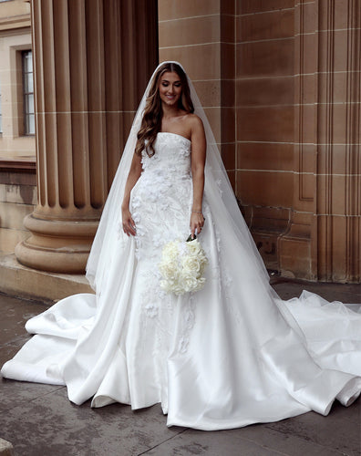 C2024-SF71H - strapless 3D embellished wedding gown with detachable satin train