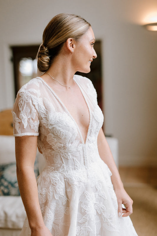 C2024-SSA53 - short sleeve a-line wedding gowns with v-neck line