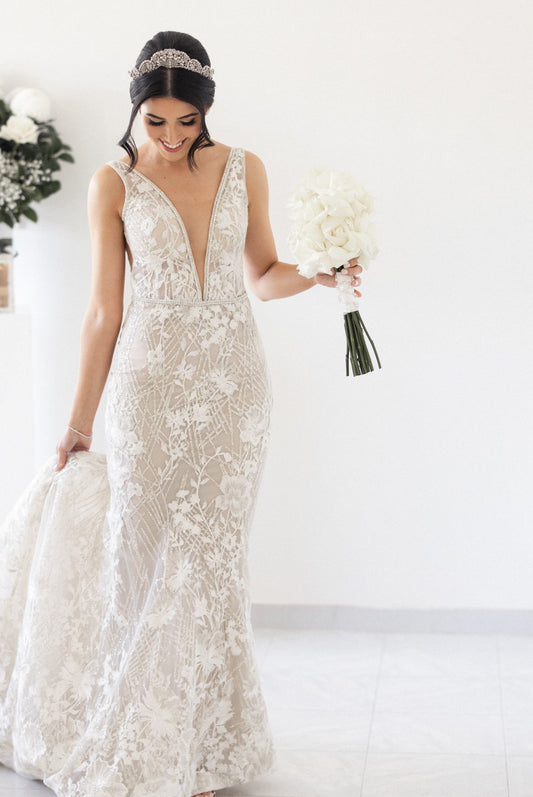 C2024-SV621 - sleeveless empire waist wedding gown w deep v-bust line