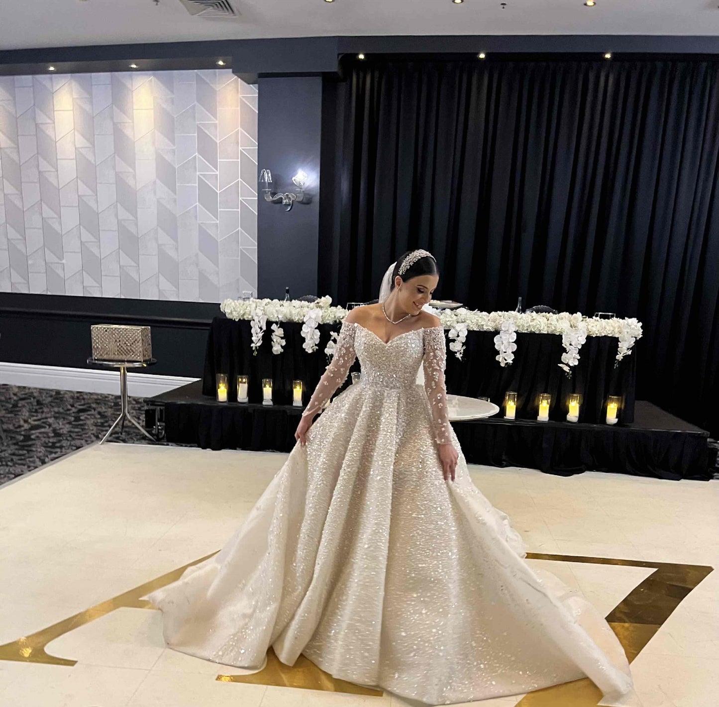 C2024-LS33S - off the shoulder wedding ball gown with long sleeves