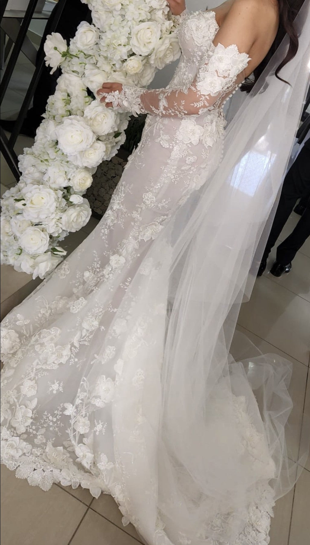 C2024-LS773 - vestido de novia de encaje sin tirantes con mangas largas transparentes desmontables