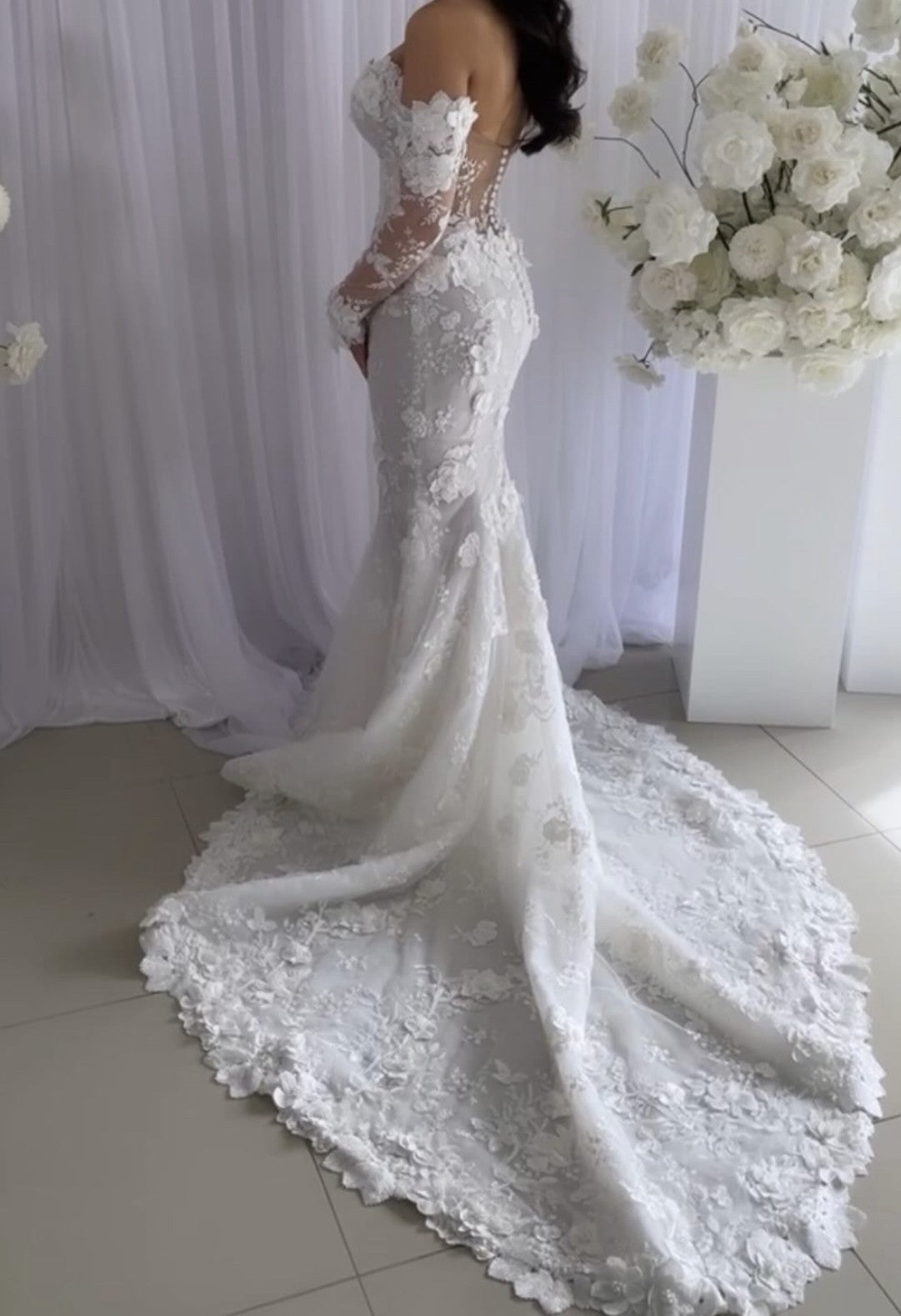 C2024-LS773 - vestido de novia de encaje sin tirantes con mangas largas transparentes desmontables