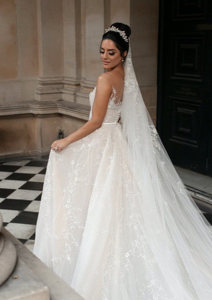 C2024-AL51S - illusion neckline wedding gown with detachable cathedral train