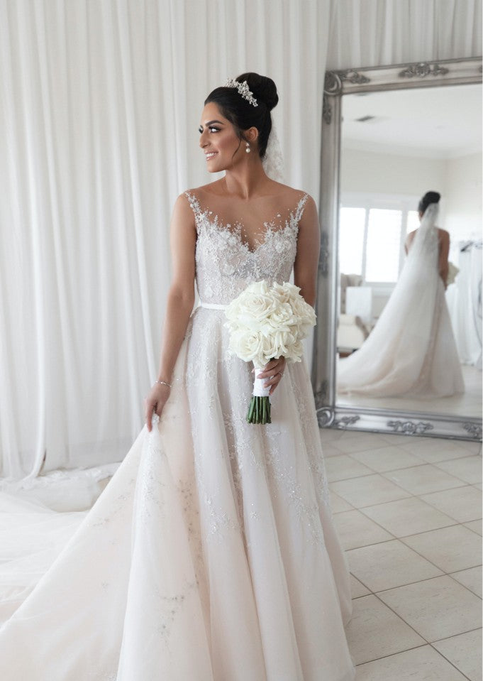 C2024-AL51S - illusion neckline wedding gown with detachable cathedral train