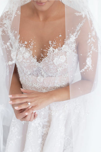 C2024-AL51S - illusion neckline wedding gown with detachable cathedral train