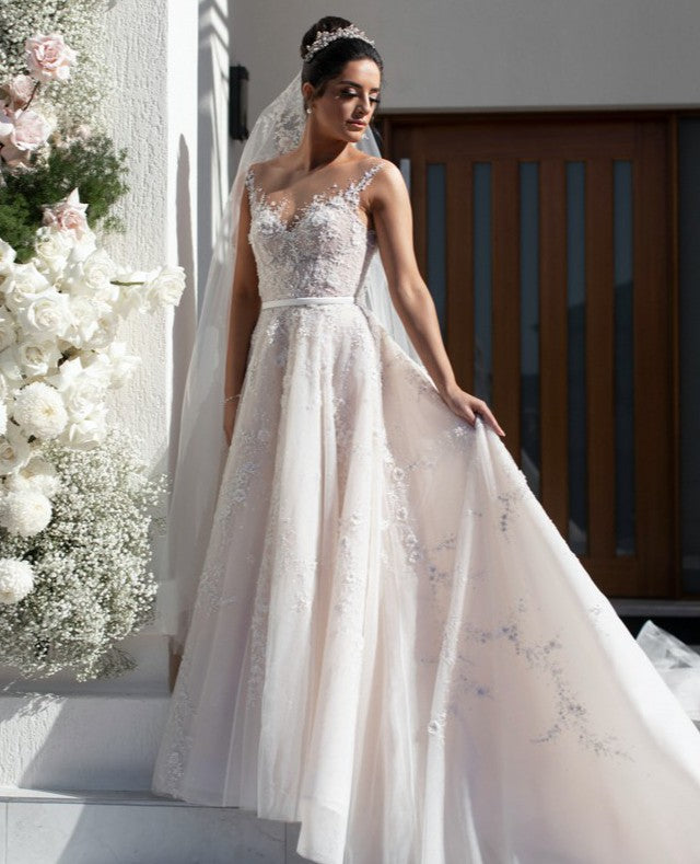 C2024-AL51S - illusion neckline wedding gown with detachable cathedral train