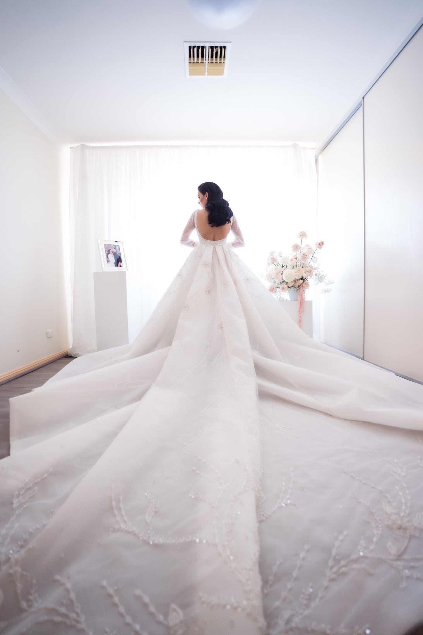 C2024-BG19L - Sheer trumpet sleeve wedding ball gown with chapel train