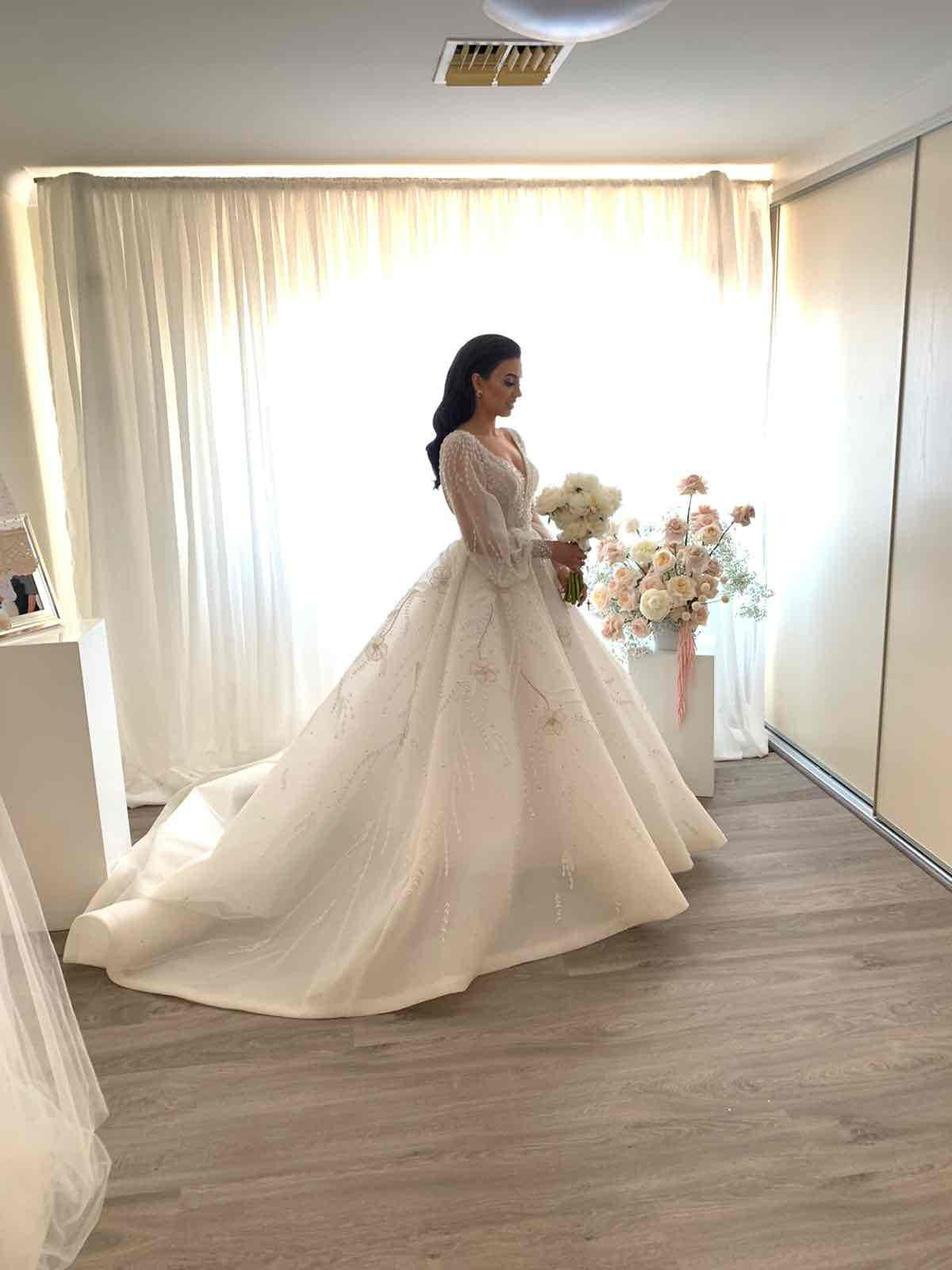 C2024-BG19L - Sheer trumpet sleeve wedding ball gown with chapel train