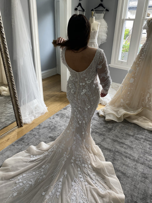 C2024-LSV628 - Sheer long sleeve fitted wedding gown with scoop back and v-neck line