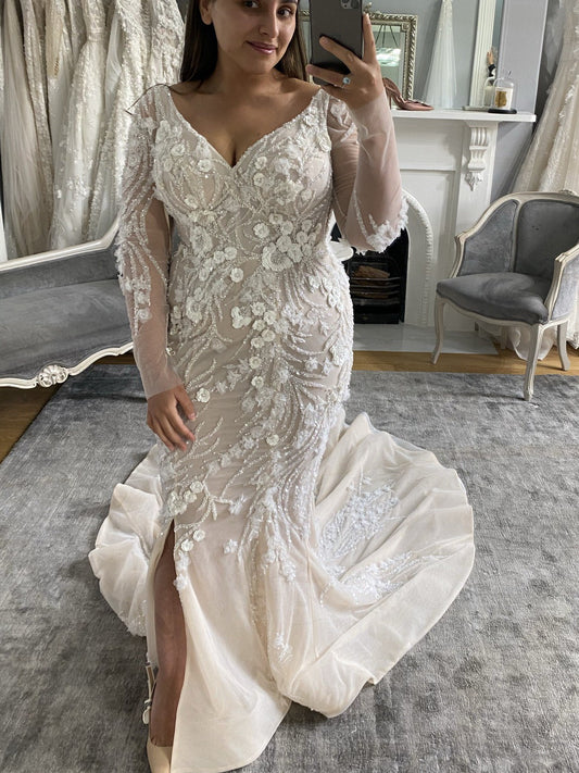 C2024-LSV628 - Sheer long sleeve fitted wedding gown with scoop back and v-neck line