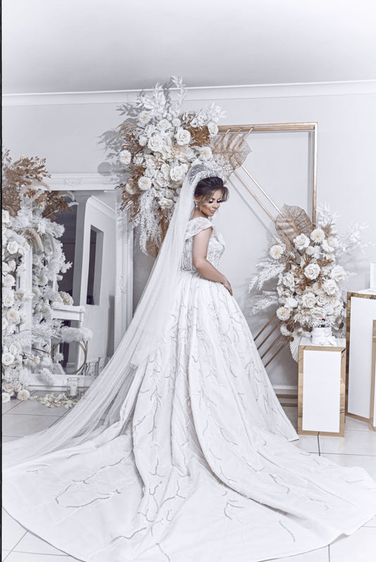 C2024-BG646 - strapless ball gown wedding dress with detachable train and leg split