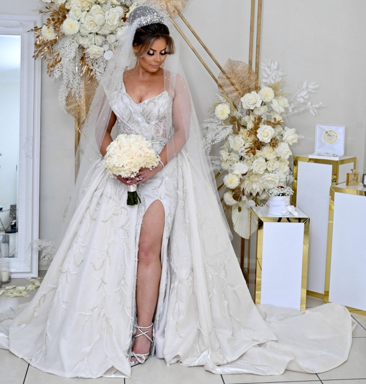 C2024-BG646 - strapless ball gown wedding dress with detachable train and leg split