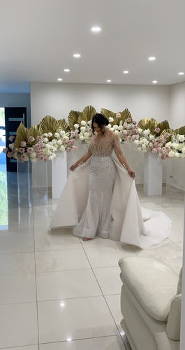 C2024-CB73 - vestido de novia con pedrería de cristal, manga larga transparente y cola desmontable