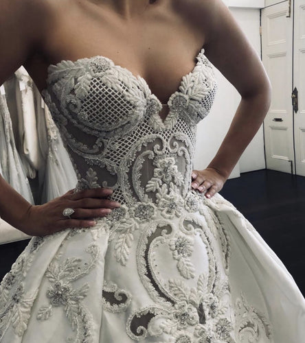 C2024-BG221 - strapless beaded embroidery wedding gown with detachable overskirt