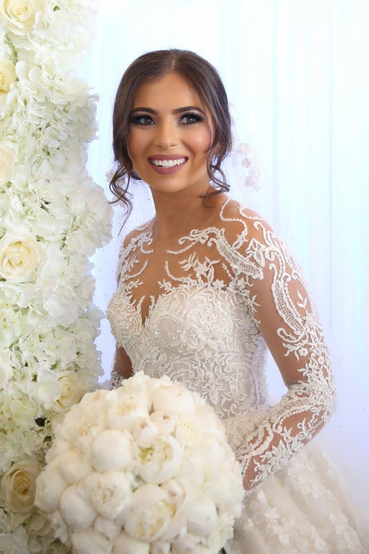 C2024-LS66T - traditional long sleeve lace wedding gown with illusion neckline