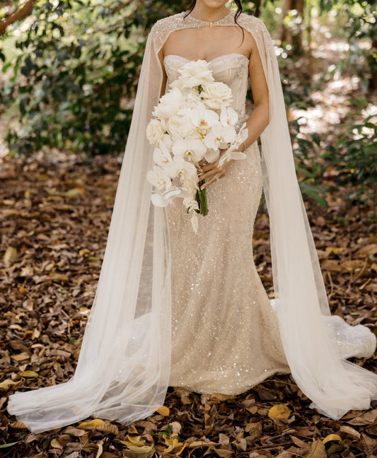 C2024-SSC42 - strapless beaded wedding dress with detachable cape train