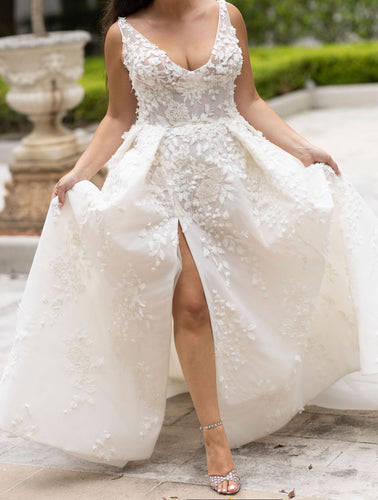 C2024-SV55 - vestido de novia de talla grande con cuello en V sin mangas
