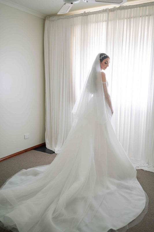 C2024-LS58B - off the shoulder beaded wedding gown with detachable long sleeves