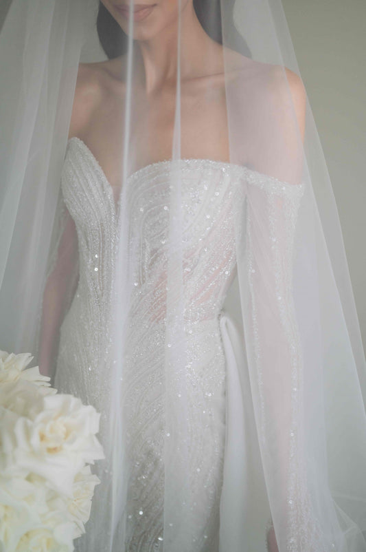 C2024-LS58B - off the shoulder beaded wedding gown with detachable long sleeves