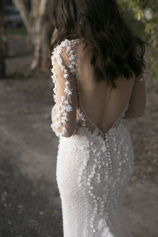 C2024-LS20B - beaded keyhole back wedding dress with sheer long sleeves
