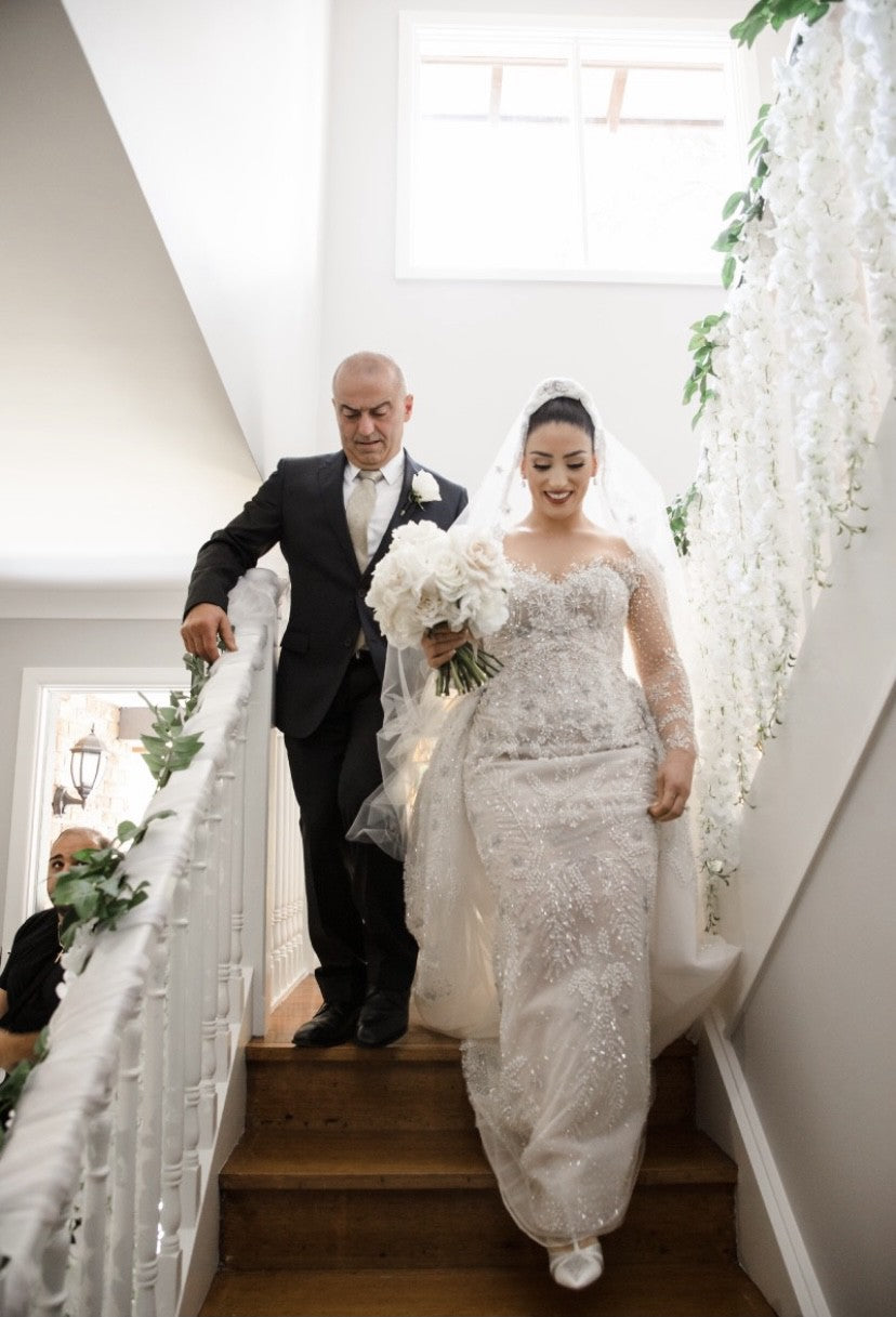 C2024-LS77B - crystal beaded wedding gown with sheer long sleeves & illusion neckline