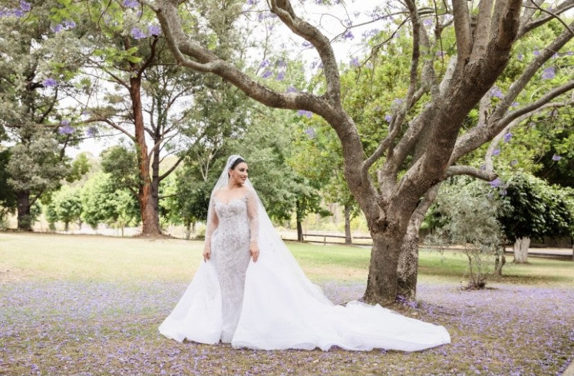 C2024-LS77B - crystal beaded wedding gown with sheer long sleeves & illusion neckline