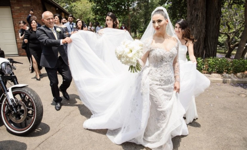 C2024-LS77B - crystal beaded wedding gown with sheer long sleeves & illusion neckline