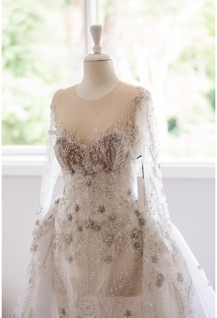 C2024-LS77B - crystal beaded wedding gown with sheer long sleeves & illusion neckline