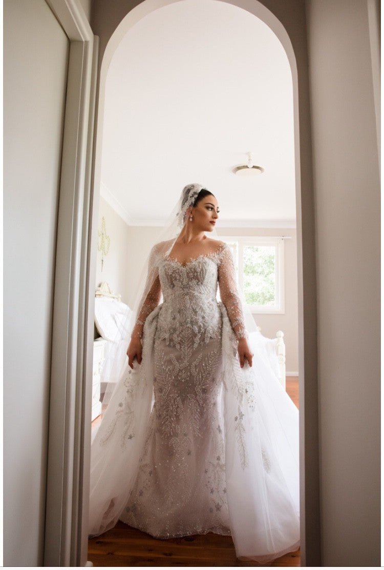 C2024-LS77B - crystal beaded wedding gown with sheer long sleeves & illusion neckline