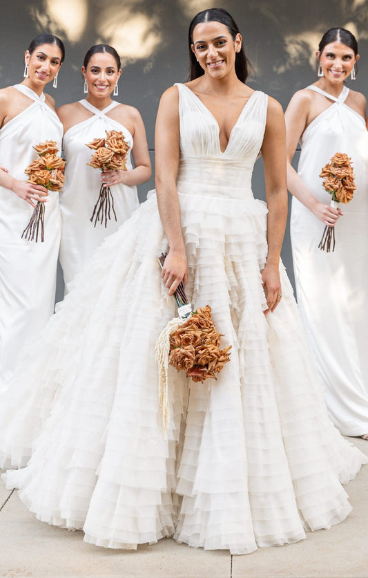C2024-VBG4 - sleeveless v-neck a-line wedding gown with detachable chapel train
