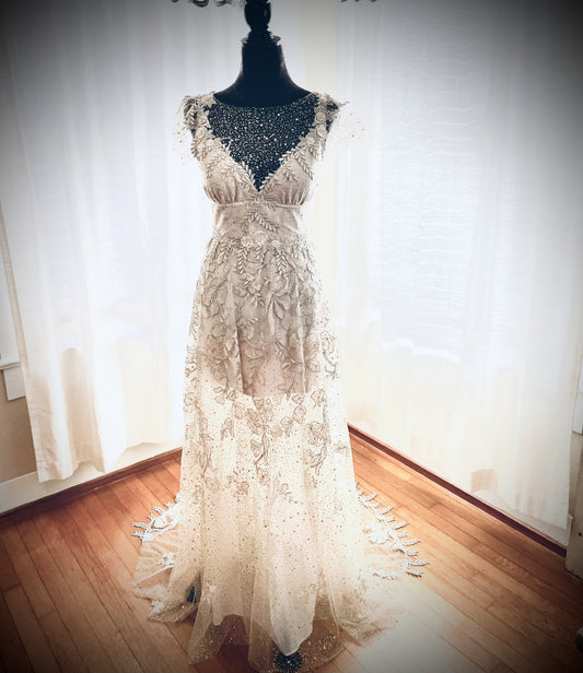 C2024-VE48 - cap sleeve vintage wedding gown with beaded embroidery & lace embellishments