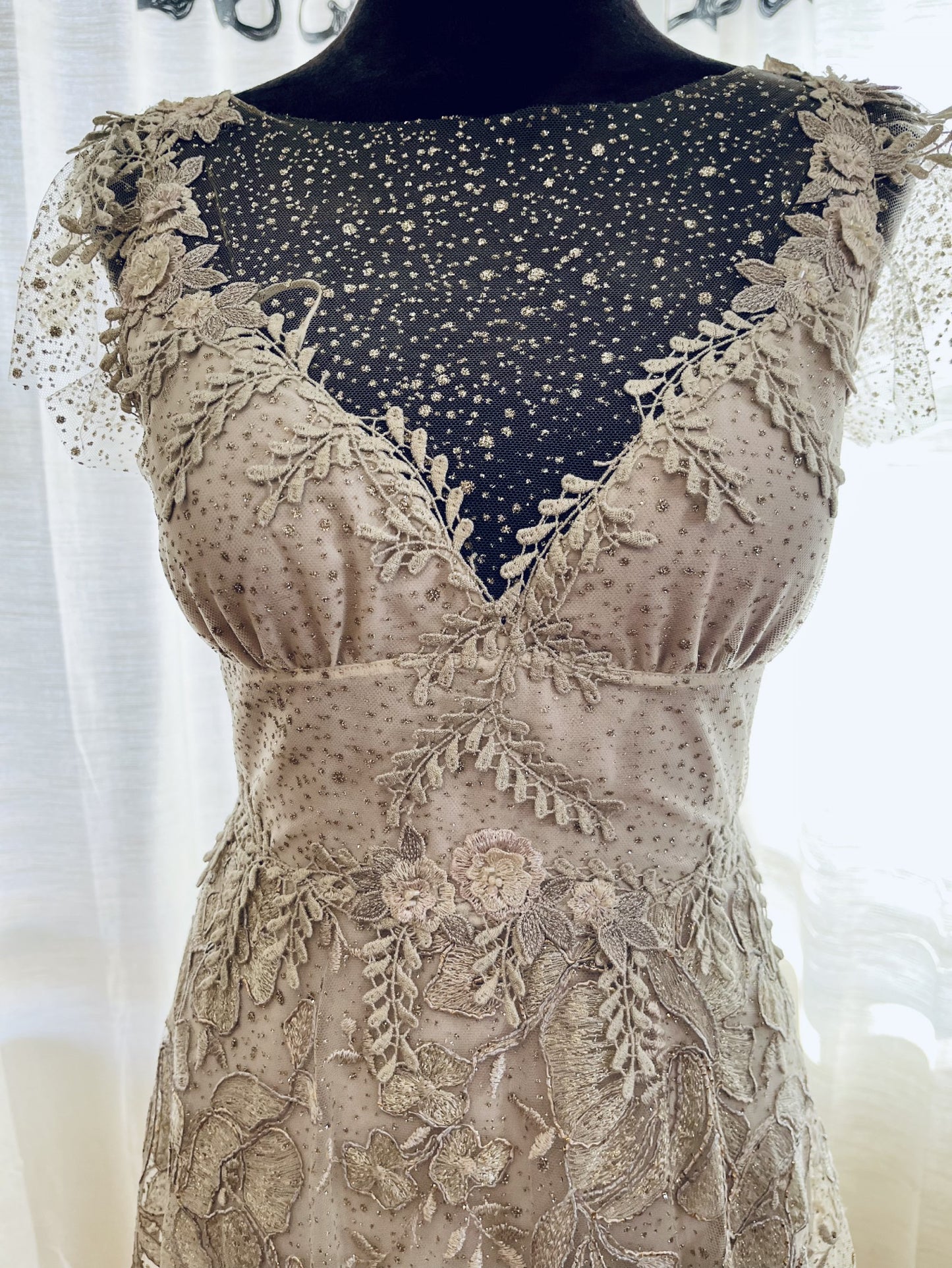 C2024-VE48 - cap sleeve vintage wedding gown with beaded embroidery & lace embellishments