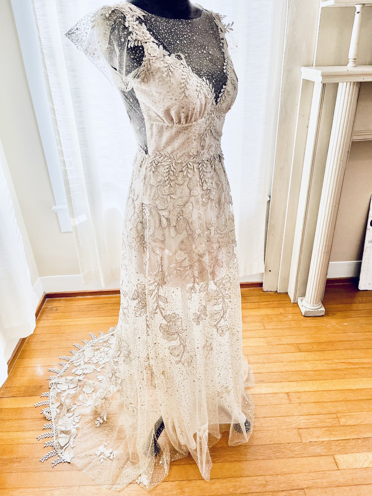 C2024-VE48 - cap sleeve vintage wedding gown with beaded embroidery & lace embellishments