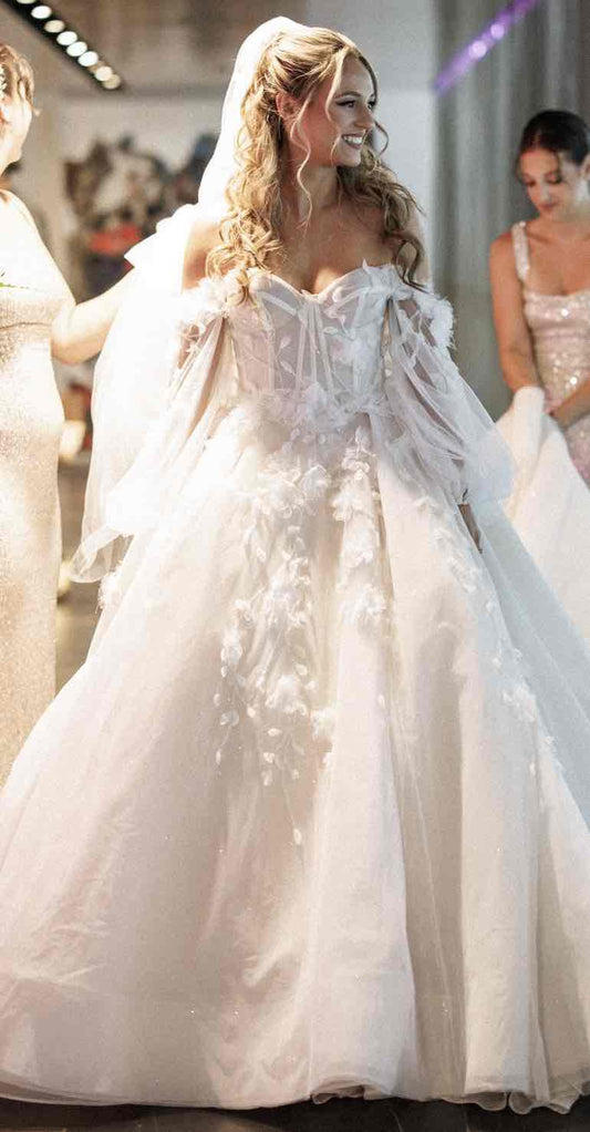 C2024-LSg27 - Bishop long sleeve wedding ball gown with off the shoulder neckline.