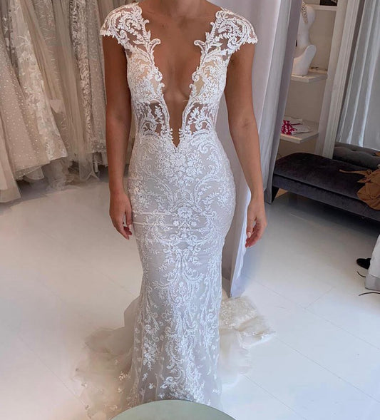C2024-CS - short cap sleeve lace wedding gown with deep sexy v-neck bustline
