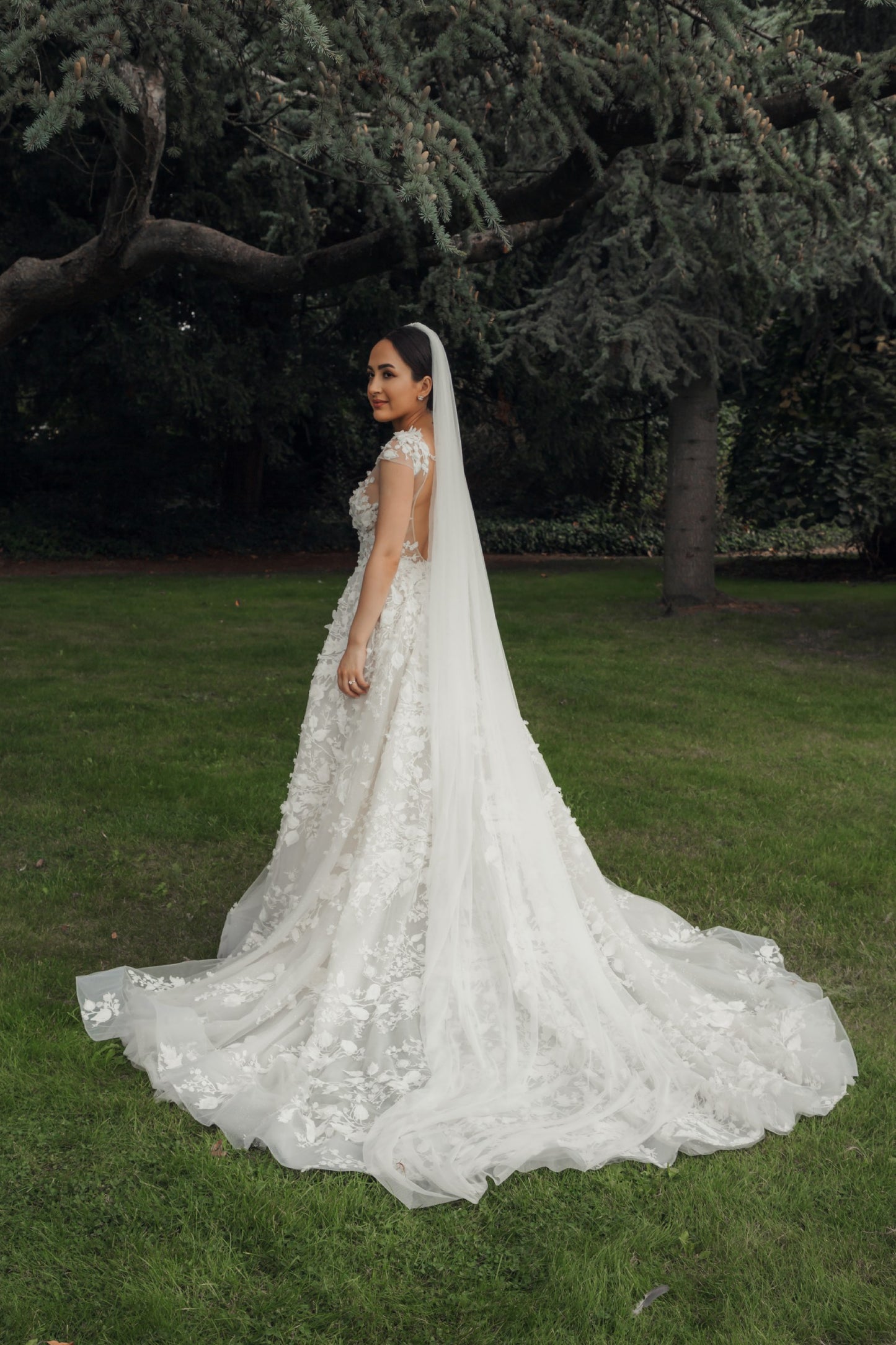C2024-CS - robe de mariée trapèze à manches courtes avec décolleté en V transparent illusion