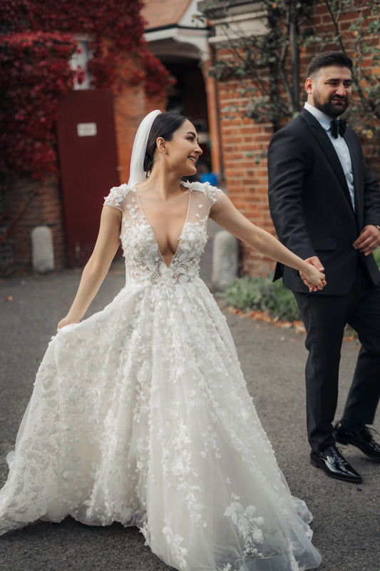C2024-CS - short cap sleeve a-line wedding gown with sheer illusion v-neck bustline