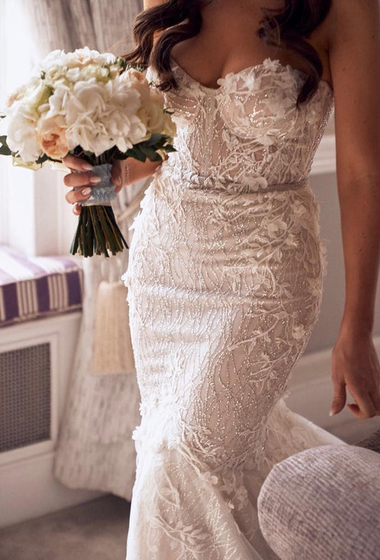 C2024-SS40L - sweetheart strapless lace wedding gown with beaded appliques