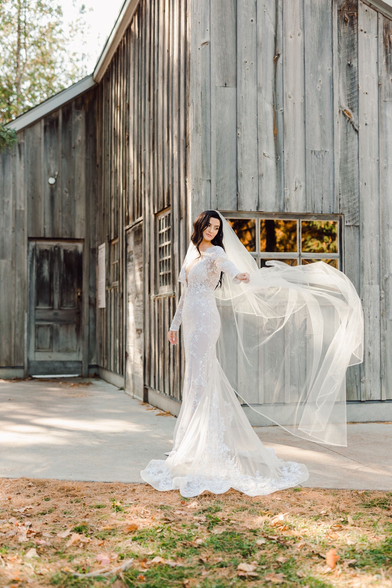 C2024-LS33V - Robe de mariée en dentelle à manches longues avec ligne de buste en V sexy
