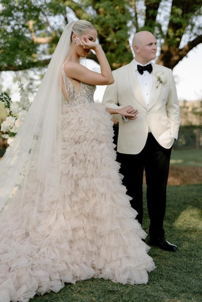 C2024-ER55 - sleeveless empire waist wedding gown with beaded bodice and spaghetti straps