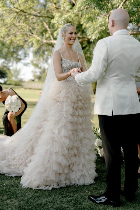C2024-ER55 - sleeveless empire waist wedding gown with beaded bodice and spaghetti straps