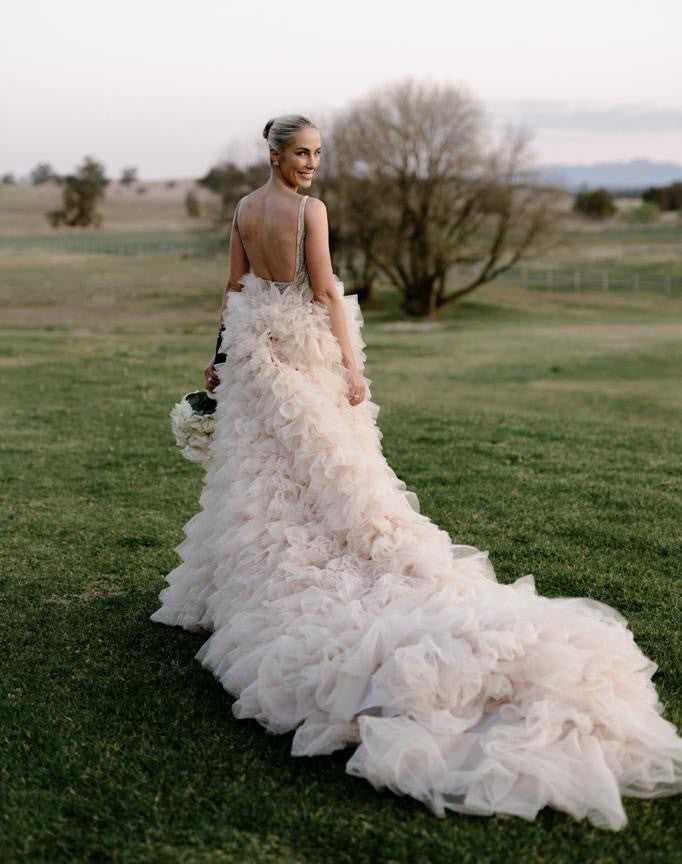 C2024-ER55 - sleeveless empire waist wedding gown with beaded bodice and spaghetti straps